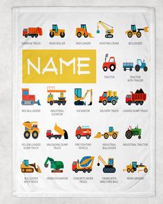 a poster with different types of trucks and tractors on it's front cover that says name