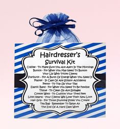 a blue and white striped hairdresser's survival kit hanging on a wall