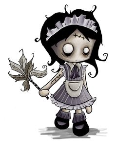 Zombie Maid.  How cute is that?  She's very good at cleaning up after herself...gets lots of practice since the...well, you know. Zombie Maid, Pretty Zombie, Zombie Life, Zombie Drawings, Zombie Cartoon, Nightmare Before Christmas Tattoo, Traditional Tattoo Designs