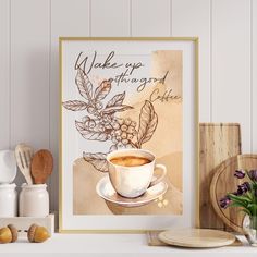 a cup of coffee sitting on top of a table next to a wooden cutting board