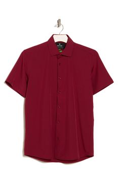 Tailored from four-way-stretch performance fabric, this button-up shirt with classic details and a slim fit makes a handsome wardrobe staple. 30" length (size 15 1/2) Front button closure Spread collar Short sleeves 93% polyester, 7% spandex Machine wash, line dry Imported Red Button Up Shirt Men, Red Button Up, Red Shirt Men, Red Button Up Shirt, Fun Poses, Burgundy Shirt, Half Sleeve Shirts, Men Formal, Men's Button Down Shirt