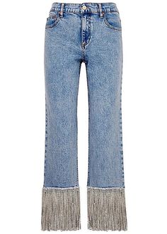 Eclectic Prints, Diamond Party, Denim And Diamonds, Stacey Bendet, Bold Color, Fringe Trim, Washed Jeans, Wash Jeans, Repurpose