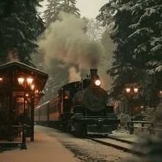 a train traveling through a snow covered forest next to a light post with lights on