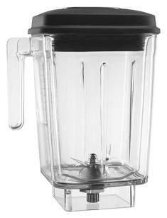 a blender is shown on a white background with black lid and plastic handle for storage