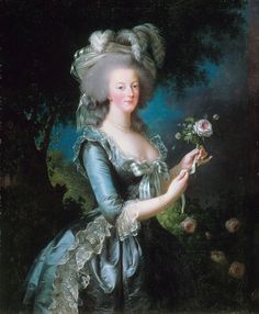 a painting of a woman holding a flower in her right hand and wearing a blue dress