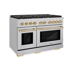 ZLINE Autograph Edition 48 in. 6.7 cu. ft. 8 Burner Double Oven Gas Range in Stainless Steel and Polished Gold Accents (SGRZ-48-G) Double Oven Gas Range, Double Oven Gas, Zline Autograph Edition, Gas Range Double Oven, Gas Ranges, Door And Window Design, Small Oven, Convection Cooking, Window Designs