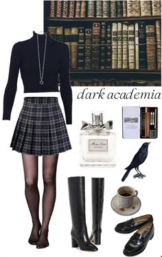 Preppy Witch Outfit, Dark Academia Outfit Women Black, Black And White Dark Academia Outfit, Dark Academia Outfits Female, All Black Dark Academia Outfits, Dark Academia Formal Outfit, Dark Adacemia Outfits, Black Women Dark Academia Aesthetic, Dark Academia Vampire Outfit