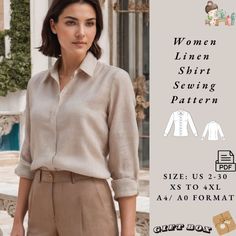 Women  Linen Shirt Sewing Pattern, Boho Linen Blouse, Linen Shirt, Loose fit Shirt for women, easy summer blouse pattern ⭐US Sizes: 2, 4, 6, 8, 10, 12, 14, 16, 18, 20, 22, 24, 26, 28, 30 ⭐Standard Sizes: XS, S, M, L, XL, 2XL, 3XL, 4XL ⭐These patterns are suitable for A4, A0, and US Letter size papers. ⭐Once your payment is processed, you will automatically receive download links for the pattern files. Please note that you can only download the files from a computer; they will not work on a phone or iPad. ⭐This is a digital product. You will receive zip files containing the patterns and sewing instructions. ⭐Due to the nature of digital downloads, no refund, return, or exchange of the files is possible. However, if you experience any problems with the files, please contact us, and we will a Linen Shirt Sewing Pattern, Linen Blouse Pattern, Summer Blouse Pattern, Linen Shirt Pattern, Women Linen Shirt, Womens Blouse Pattern, Shirt Patterns For Women, Shirt Patterns, Shirt Tutorial