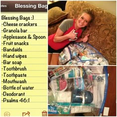 a woman sitting on top of a couch next to a bag filled with items