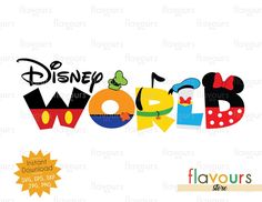 the disney world logo is shown with different colors and font options for each character in this image