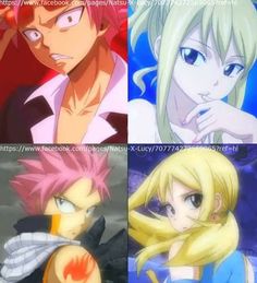 four anime characters with different facial expressions and hair colors, all looking at the same person