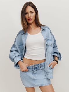 Denim time. Shop the Hazel Denim Mini Skirt from Reformation, a low rise skirt with a front zipper, and belt loops. Low Rise Skirt, Add Sleeves, Stretch Denim Fabric, Oversized Denim Jacket, Swimwear Dress, Vintage Inspired Dresses, New Tops, Inspired Dress