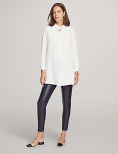 Anne Klein Anne White Petite Long Length Tunic Tunic Outfits For Work, White Tunic Outfit, Tunic Tops Outfit, Cream Leggings, Tunic Outfit, Anne White, Tunics With Leggings, Chiffon Tunic, Long Tunic Tops