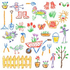 an image of children's drawing on paper with flowers and gardening items in the background