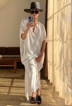 UPCYCLED - Mykonos White Cupro V-Neck Long Caftan - ocean+main Cupro Fabric, Greek Isles, Gauze Dress, Mode Casual, By The Ocean, Eco Friendly Fashion, Style Mistakes, White Fashion, Mykonos