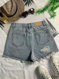 Eromis - Light Blue Distressed Denim Shorts with Raw Hem and Split Thigh, Featuring Vintage Slash Pockets - Womens Denim Jeans and Apparel Collection Womens Denim, Denim Details, Distressed Denim Shorts, Women Denim Jeans, Distressed Denim, Denim Jeans, Denim Shorts, Split, Light Blue