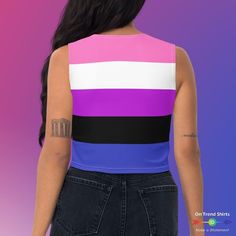 Show off your genderfluidity with this genderfluid pride flag crop top. Perfect LGBTQIA pride parade outfit, pride month top and summer festival wear. GENERAL DESCRIPTION:Soft and stretchy cropped tank top with a comfortable body hugging fit. If you require a tighter fit we recommend sizing down but please check the measurements in the size guide before making your purchase.STYLE GUIDE• Sleeveless crop top• Form fitting but not tight• Soft and stretchy material• Inside whiteMATERIAL• 82% polyest Stretch Color Block Crop Top For Summer, Color Block Stretch Crop Top For Summer, Fitted Color Block Crop Top For Summer, Sleeveless Rave Crop Top For Spring, Trendy Short Sleeve Pride Top, Summer Fitted Color Block Crop Top, Summer Stretch Color Block Crop Top, Fitted Multicolor Tops For Pride, Fitted Tops For Pride