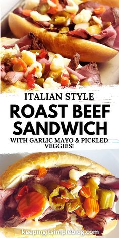 These roast beef sandwiches are packed with flavor and so easy to make. With fresh sliced roast beef, pickled veggies (giardinaria), garlic mayo and provolone cheese, these sandwiches are so quick to make. Perfect for lunch or game-day food.