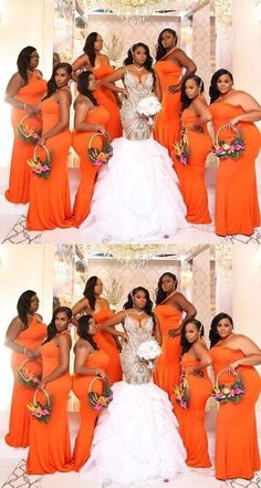 four women in orange dresses posing for pictures