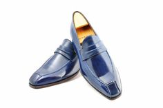 Handmade Blue Leather Moccasin Loafers Formal Dress Shoes on Storenvy Elegant Blue Slip-on Leather Shoes, Blue Leather Sole Slip-on Moccasins, Blue Round Toe Moccasins For Galas, Blue Slip-on Leather Shoes For Business, Elegant Blue Slip-on Moccasins, Blue Slip-on Dress Shoes For Business, Blue Pointed Toe Leather Shoes For Semi-formal Occasions, Blue Plain Toe Loafers For Semi-formal Occasions, Blue Slip-on Business Moccasins