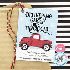 a red truck is on top of a brown paper bag with twine around it and the words delivering care by the truckload