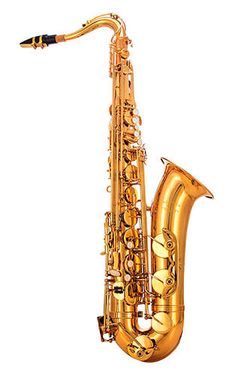 a gold saxophone is shown against a white background