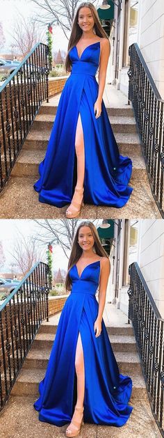 Blue V-neck Prom Gown, Blue V-neck Dress For Prom Season, Blue A-line Dress With Sweep Train, Blue Fitted A-line Gown, Blue Homecoming Dress With Sweep Train, Blue V-neck Gown For Prom Season, Blue V-neck Dress For Prom, Royal Blue Formal Dresses, Royal Blue Prom Dress