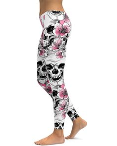 Womens Workout Yoga Pink Floral Skulls Leggings Black/Pink/Grey | Gearbunch.com Casual Skull Print Stretch Leggings, Casual Stretch Leggings With Skull Print, Casual Skull Print Leggings, 100 Squats, Skull Leggings, Women Tattoos, Pink Poppies, Floral Skull, Stylish Boots