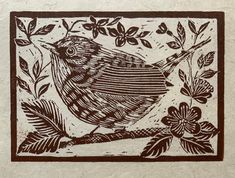 a drawing of a bird on a branch with leaves and flowers in the foreground