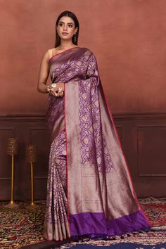 Buy purple Katan silk Banarasi sari online in USA with zari work. Look your best on festive occasions in latest designer sarees, pure silk sarees, Kanchipuram silk sarees, handwoven sarees, tussar silk sarees, embroidered sarees from Pure Elegance Indian clothing store in USA.-full view Silk Sarees Kanchipuram, Banarasi Sari, Silk Banarasi Saree, Latest Designer Sarees, Fashion Journals, Katan Silk, Tussar Silk Saree, Banarasi Saree, Zari Work