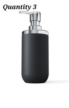 a black soap dispenser sitting on top of a white wall next to the words quantity 3