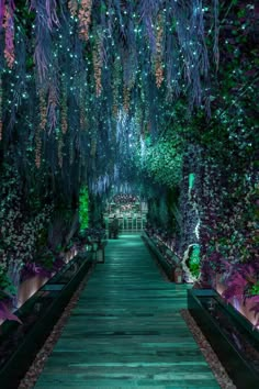 the walkway is lit up with purple and green lights