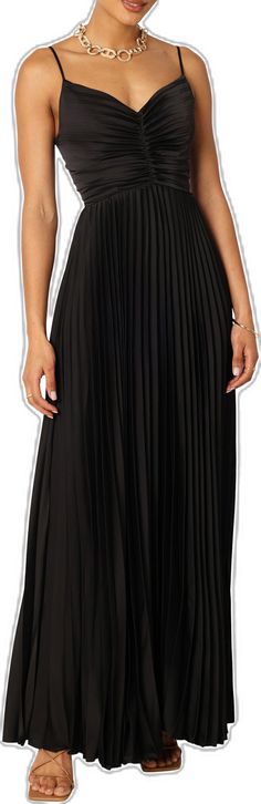 Elegant Chiffon Pleated Skirt For Party, Chic Chiffon Pleated Skirt For Parties, Elegant Pleated Skirt For Evening, Evening Long Pleated Skirt With Folds, Night Out Maxi Dress With Pleated Waist, Elegant Long Dress With Folds, Elegant Pleated Back Dress For Prom, Elegant Long Dress With Accordion Pleats, Long Dresses With Accordion Pleats