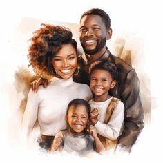 Black Happy Family, Family Illustrations, Watercolor Family, Family Clipart, Happy Black, Family Illustration, Family Print, Black Families, Watercolor Illustrations