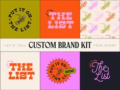 four different logos with the words'custom brand kit'written on them in various colors