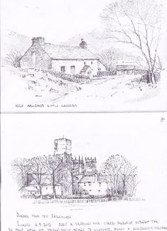 two drawings of houses in the countryside