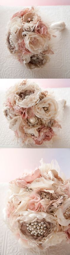 three different pictures of fabric flowers on a white surface with pink and brown accents,