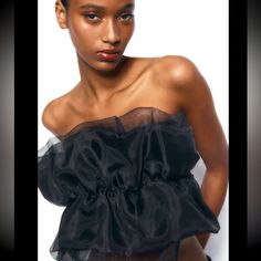 Nwt. Never Worn. Brand New Condition. Strapless Straight Neck Top Made Of Organza. Please Review Pictures. Color: Black Outer Shell Main Fabric 94% Cotton 6% Elastane Secondary Fabric 100% Polyester Flirty Off-shoulder Tops For Party, Chic Evening Bandeau Tube Top, Evening Bandeau Tube Top, Elegant Summer Tube Top For Night Out, Elegant Sheer Crop Top For Evening, Elegant Sheer Evening Crop Top, Glamorous Summer Evening Blouse, Glamorous Black Bandeau Tube Top, Chic Evening Tube Top For Summer