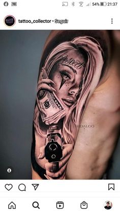 a woman holding a camera and money tattoo on the left upper half of her arm