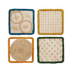 four square woven coasters in various colors and sizes, each with different designs on them