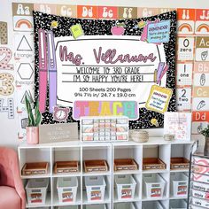 a bulletin board in the corner of a room with several bins and boxes on it