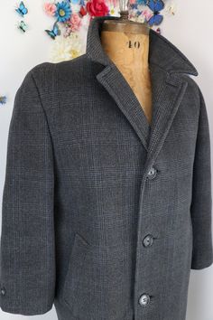 Classic overcoat in wool.  Features two exterior pockets and one interior pocket. Came from the estate sale of Ella and Victor and is in very good condition.  Signs of wear and a small repair to one interior armpit. Some wear to back of neck. Please see photos. This has been recently dry-cleaned. Please note the sleeves on this piece appear to have been shortened, either that or he had very short arms. The sleeves fit my arms and I'm a women's size 6. I've shown me wearing the piece as an oversi Wool Overcoat, Men's Coats And Jackets, Winter Coats Jackets, Fall Coat, Oversized Coat, Wool Plaid, Wool Fabric, Winter Coat, Vintage Men