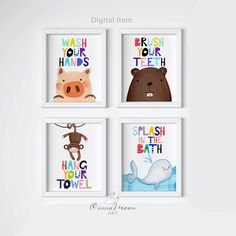 four framed pictures with animals and words on them in different colors, including one brown bear, the other white