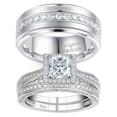 an engagement ring set with a princess cut diamond in the center and matching wedding bands