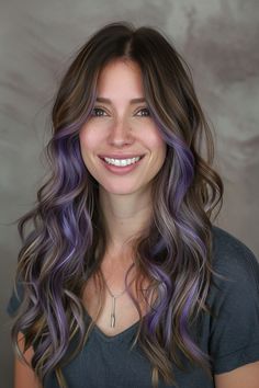 Blonde And Purple Highlights Brown Hair, Purple Money Piece Hair, Lavender Hair Ideas, Purple Highlights Brown Hair, Purple Brown Hair, Lavender Highlights, Purple Hair Highlights, Lavender Hair Colors, Inspo Hair