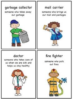 four different types of children's clothes with the words, garbage collector and firefighter