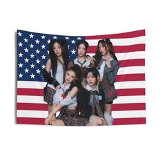 an american flag with girls in school uniforms