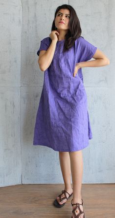 "DETAILS:- - Knee-length dress - Crew Neck - Bow Back Dress - Short Sleeve - Pin Tucks Detailing - 100% Lightweight Linen - Customization Available For more products here is the link to my shop ---------------------------------------- https://www.etsy.com/in-en/shop/PehroDesign ---------------------------------------- ★★All the outfits are MADE TO ORDER you can share your demand for any kind of changes before placing your order ★★ ----------------------------------------------------- ★★ Very Com Flax Dress, Women Linen Clothing, Linen Tunics For Women, Bow Back Dress, Linen Dress Summer, Linen Tunic Dress, Linen Dress Women, Summer Linen Dresses, Linen Clothing