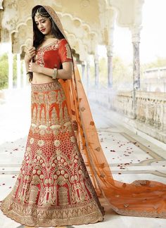 Orange Satin Silk A Line Lehenga Orang India, Lehenga Choli Wedding, Indian Bridal Lehenga, Lehenga Choli Online, Embroidered Lehenga