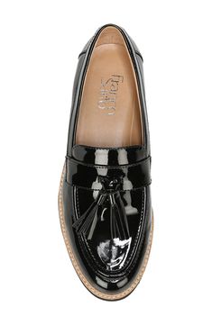 A lug heel and platform bring utilitarian flair to a menswear-inspired tassel loafer in faux patent leather. 1 1/4" heel; 3/4" platform (size 8.5) Synthetic upper, lining and sole Imported Women's Shoes Patent Leather Loafers, Tassel Loafers, Black Leather Shoes, Menswear Inspired, Franco Sarto, Loafers For Women, Leather Shoes, Women's Shoes, Patent Leather